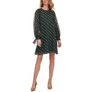 Calvin Klein Womens Dress Green with Gold Print Tie-Cuff Shift Dress Size 2